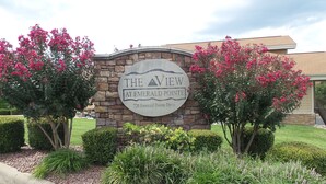 A sign for 'The View at Emerald Pointe' with a stone archway and pink flowering trees. - Relax In Luxury On Table Rock Lake, Close To Branson (Hollister)