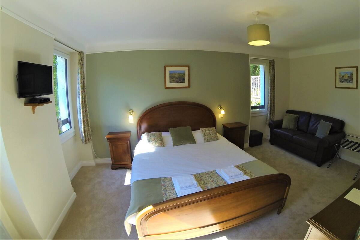 A bedroom with a bed, a television, a sofa, and a window.