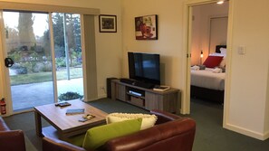 Flat-screen TV, DVD player, video library, stereo