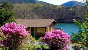 Una cabaña con terraza que da a un lago, rodeada de árboles en floración de color rosa.
