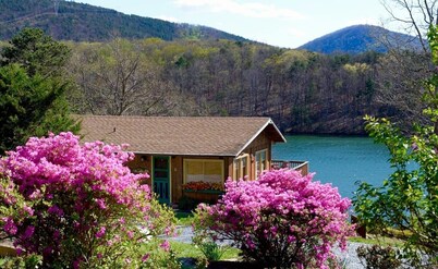 This cabin is oozing with charm and has magnificent view of the lake and Smith Mountain