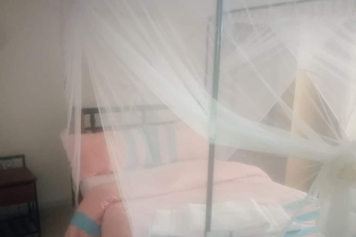 Una cama con dosel, una mesita de noche y un reloj sujeto a la pared.