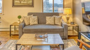 A living room with a grey sofa, patterned cushions, a coffee table with a woven basket, a TV, and a lamp. - Elyon Hall CoachHouse, Indiana Dunes Nat’l Park, 10 min hike to Beach (Miller Beach)