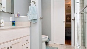 A bathroom with a toilet, a sink, a mirror, and a shower area. - Charming, modern, private apt in the family-friendly Inner Richmond neighborhood; near GG Park. (San Francisco)