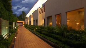Un pasillo de hotel moderno con un camino de ladrillo, abundante vegetación y ventanas amplias.