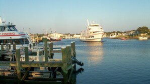 Een jachthaven met verschillende boten afgemeerd, waaronder een veerboot genaamd 'Sea Fishing' en een 'Whaler' boot.