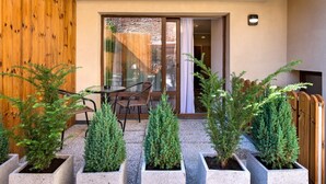 A modern outdoor seating area with a glass door leading to a room, surrounded by potted evergreen plants. - Blumenhaus Sibiu (Sibiu)