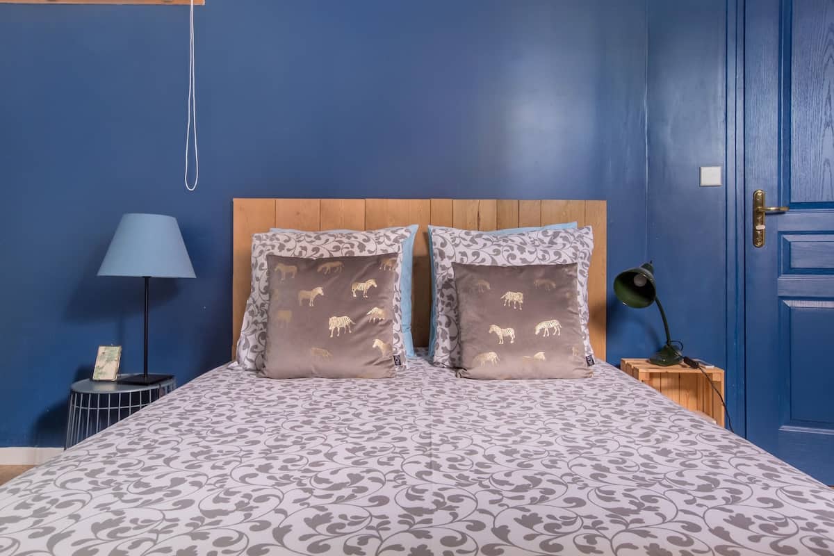A bedroom with a blue wall, a wooden headboard, patterned bedding, and two decorative pillows.