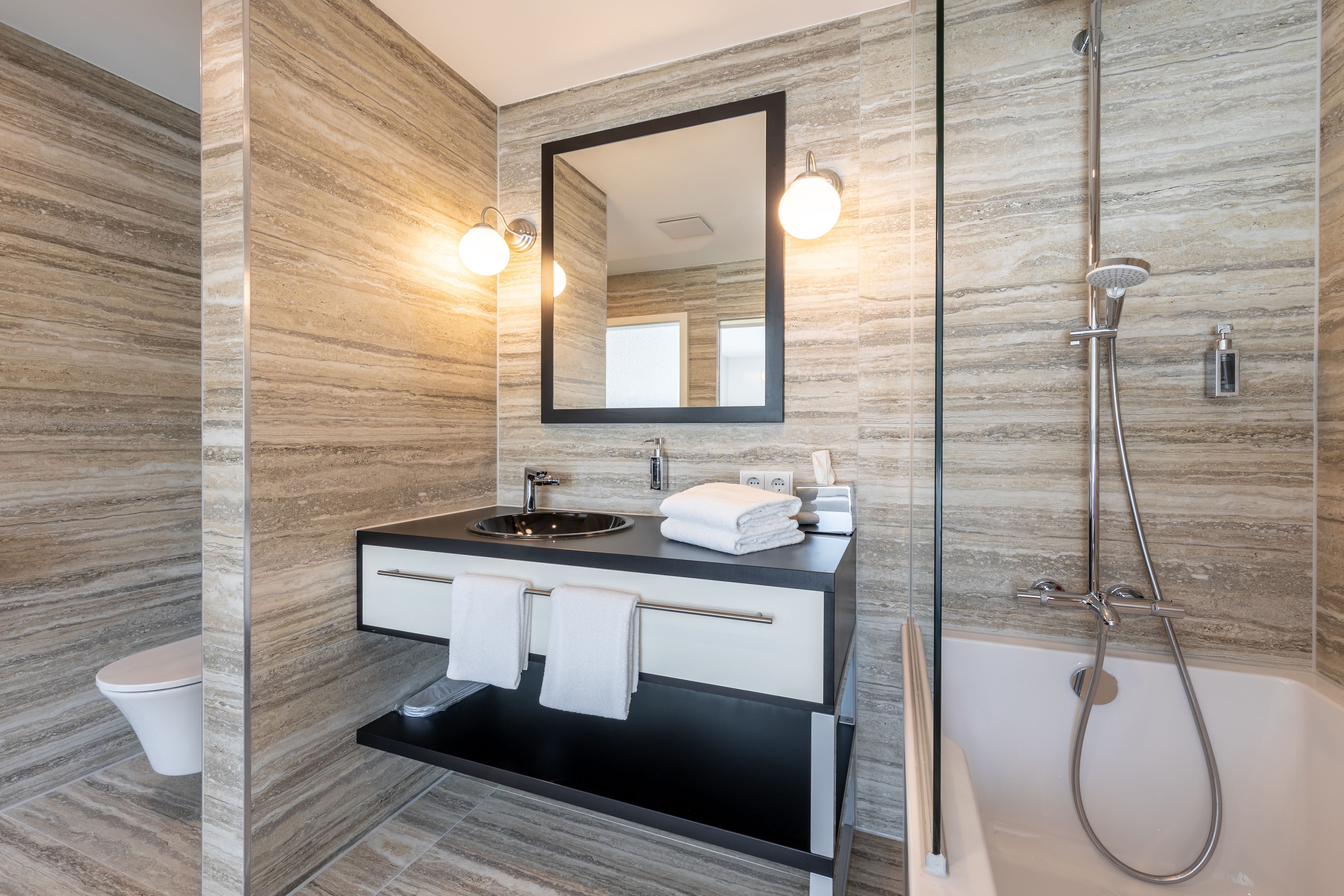 free toiletries, hair dryer, towels