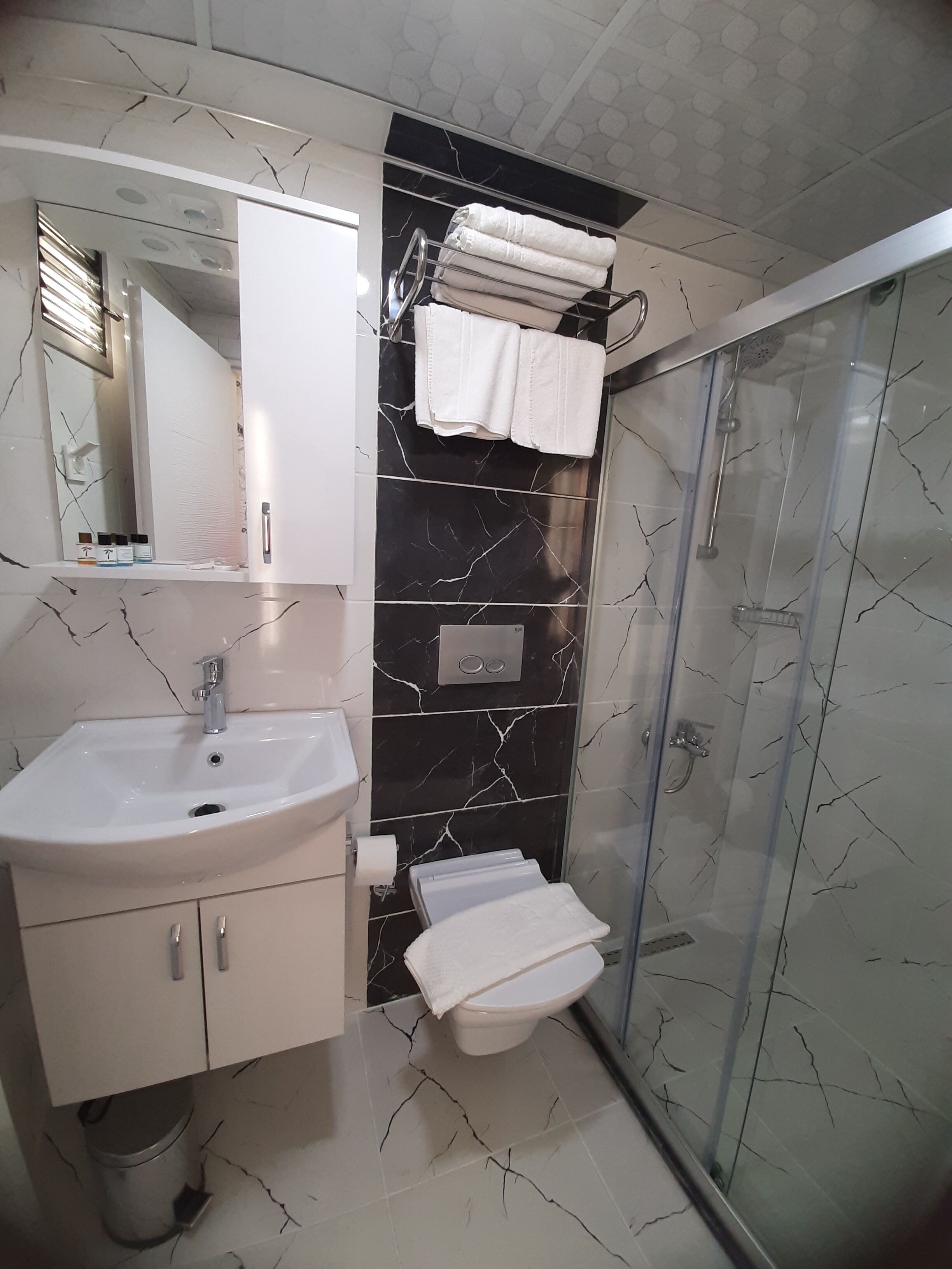 standard double room | bathroom | shower, free toiletries, hair dryer, towels