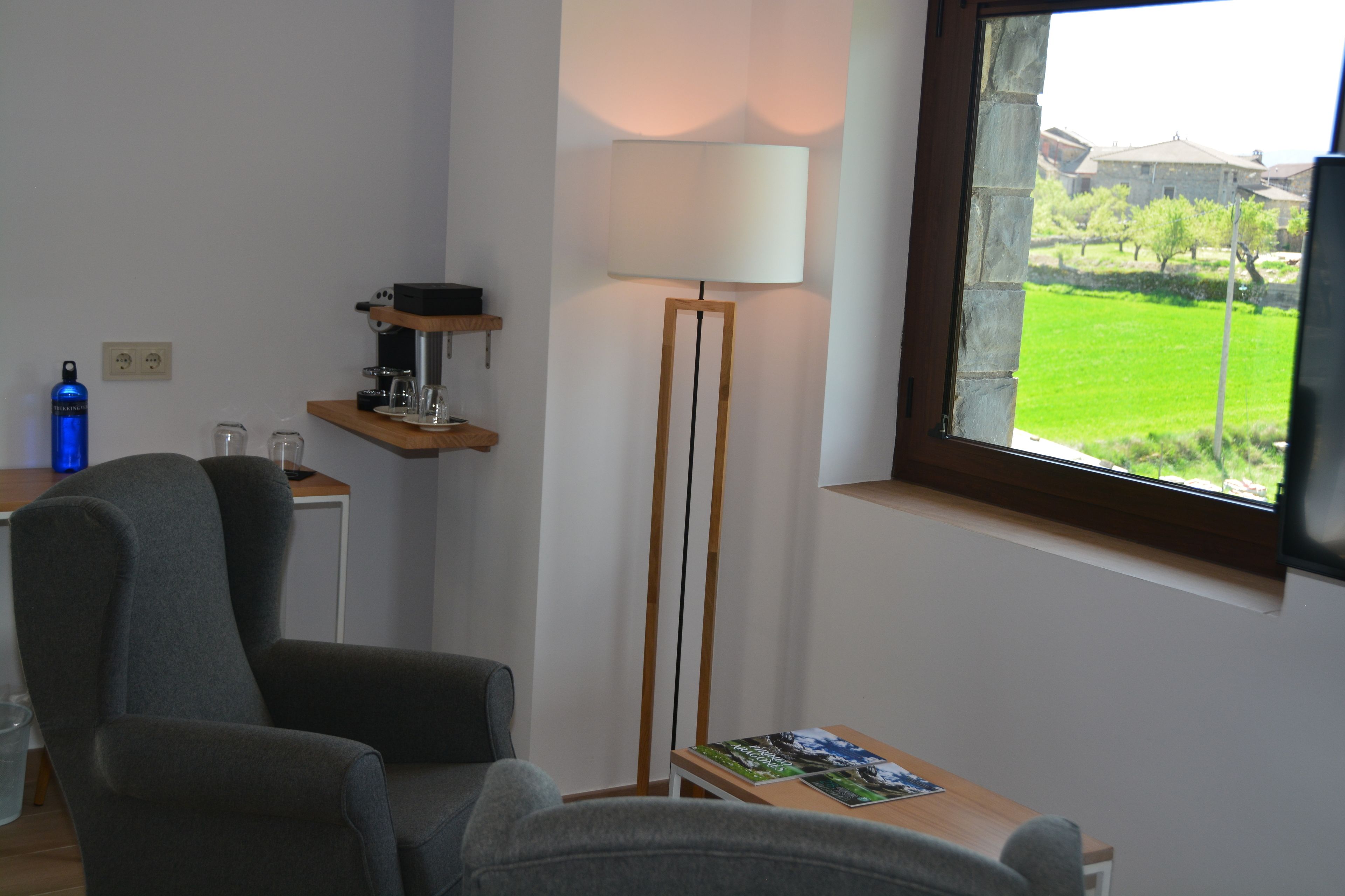 A room with a grey armchair, a standing floor lamp, a small table with a magazine, and a window with a view of greenery and buildings.