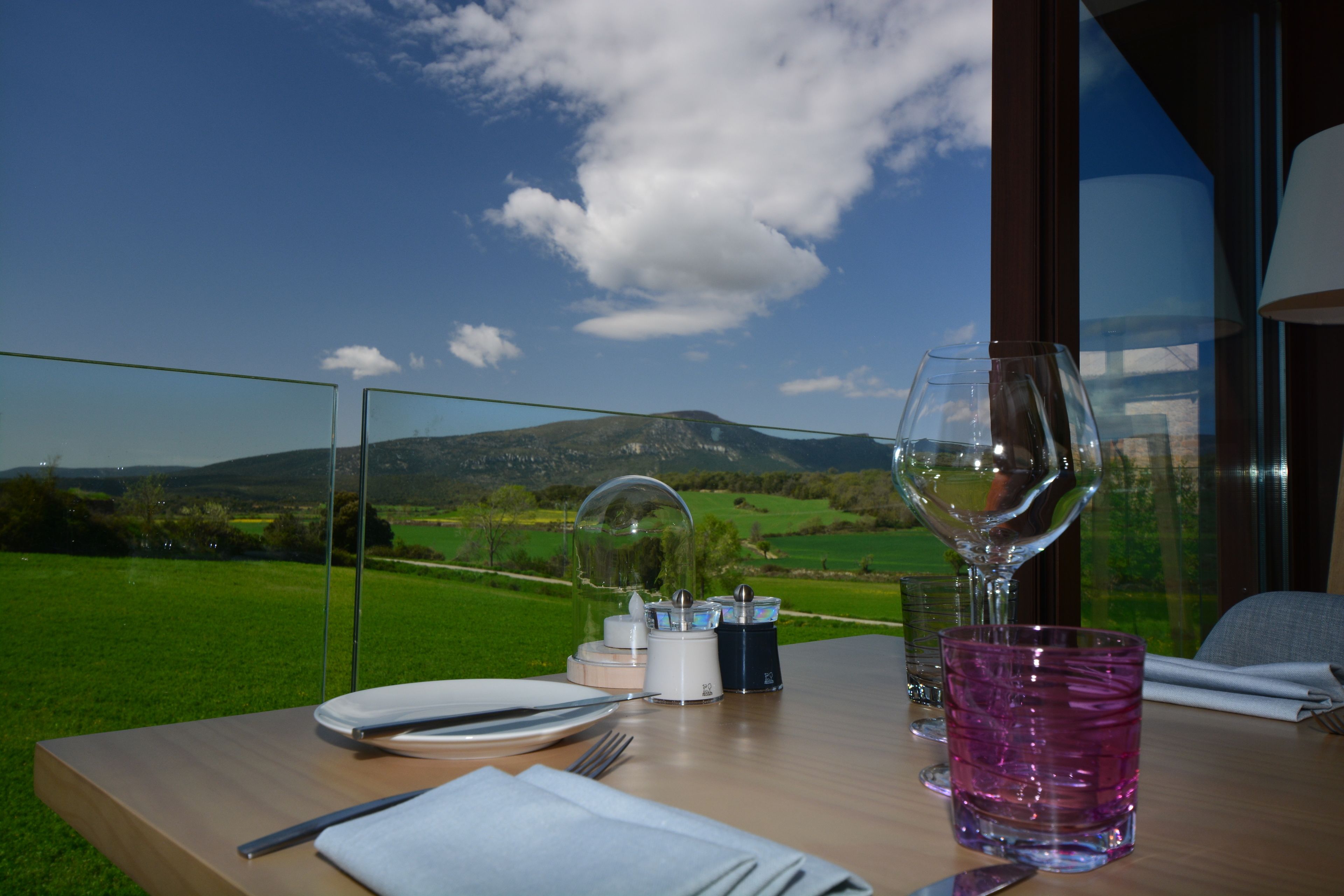 A table set with a wine glass, a pink glass, and cutlery, with a scenic view of green fields and mountains through a glass partition.