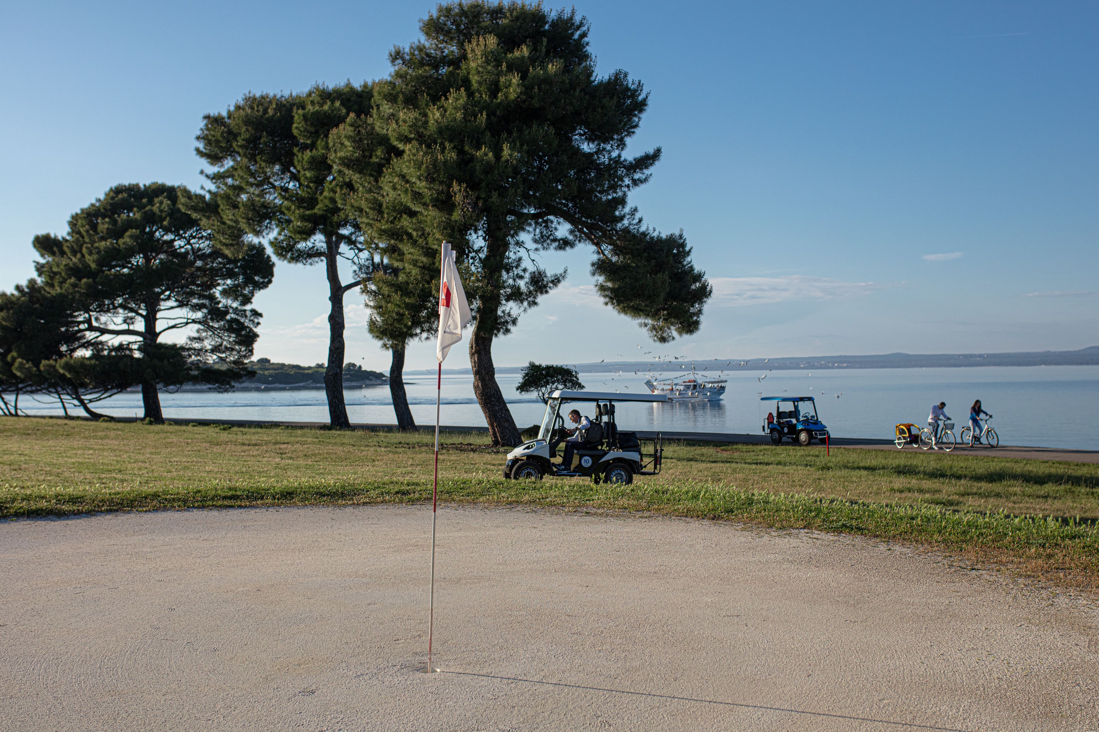A golf course with a flagstick, trees, and a lake in the background.