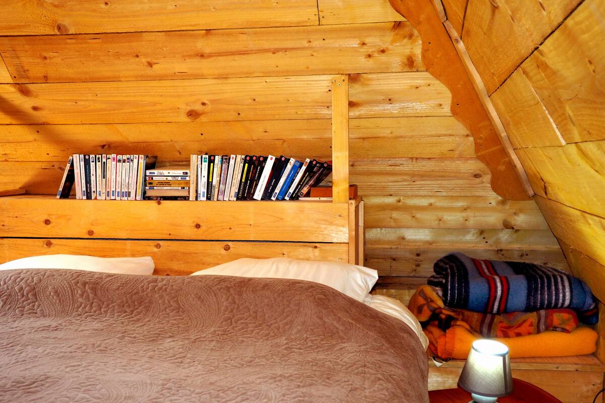 Una habitación acogedora de madera con una cama, una estantería llena de libros y una lámpara.