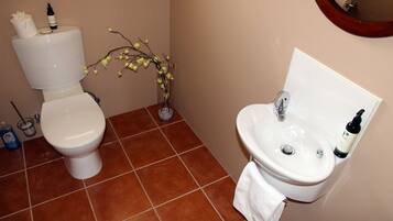 Een badkamer met toilet, wastafel en een vaas met bloemen.
