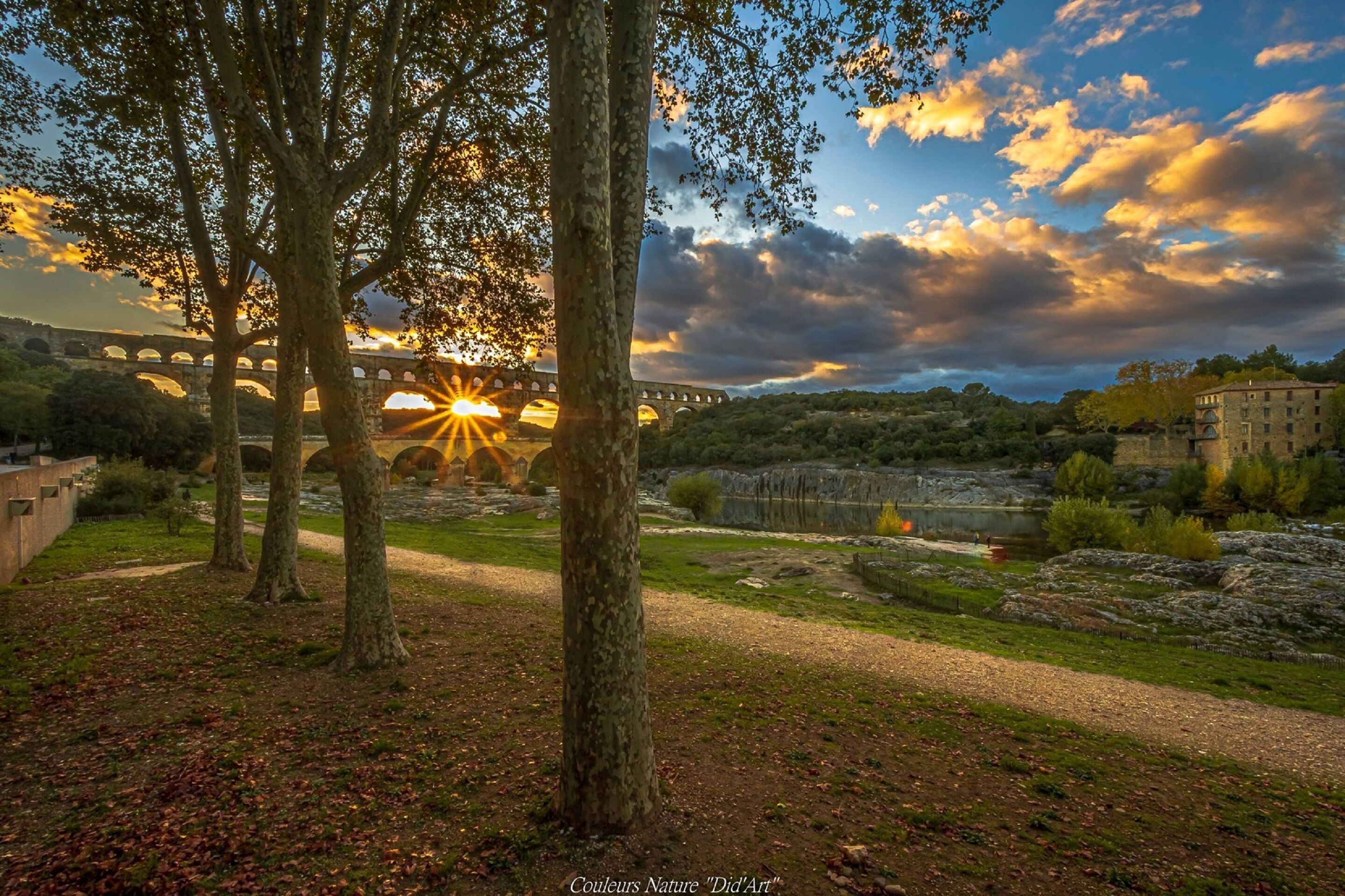 Une vue sur un coucher de soleil au-dessus d’un pont, avec des arbres au premier plan.