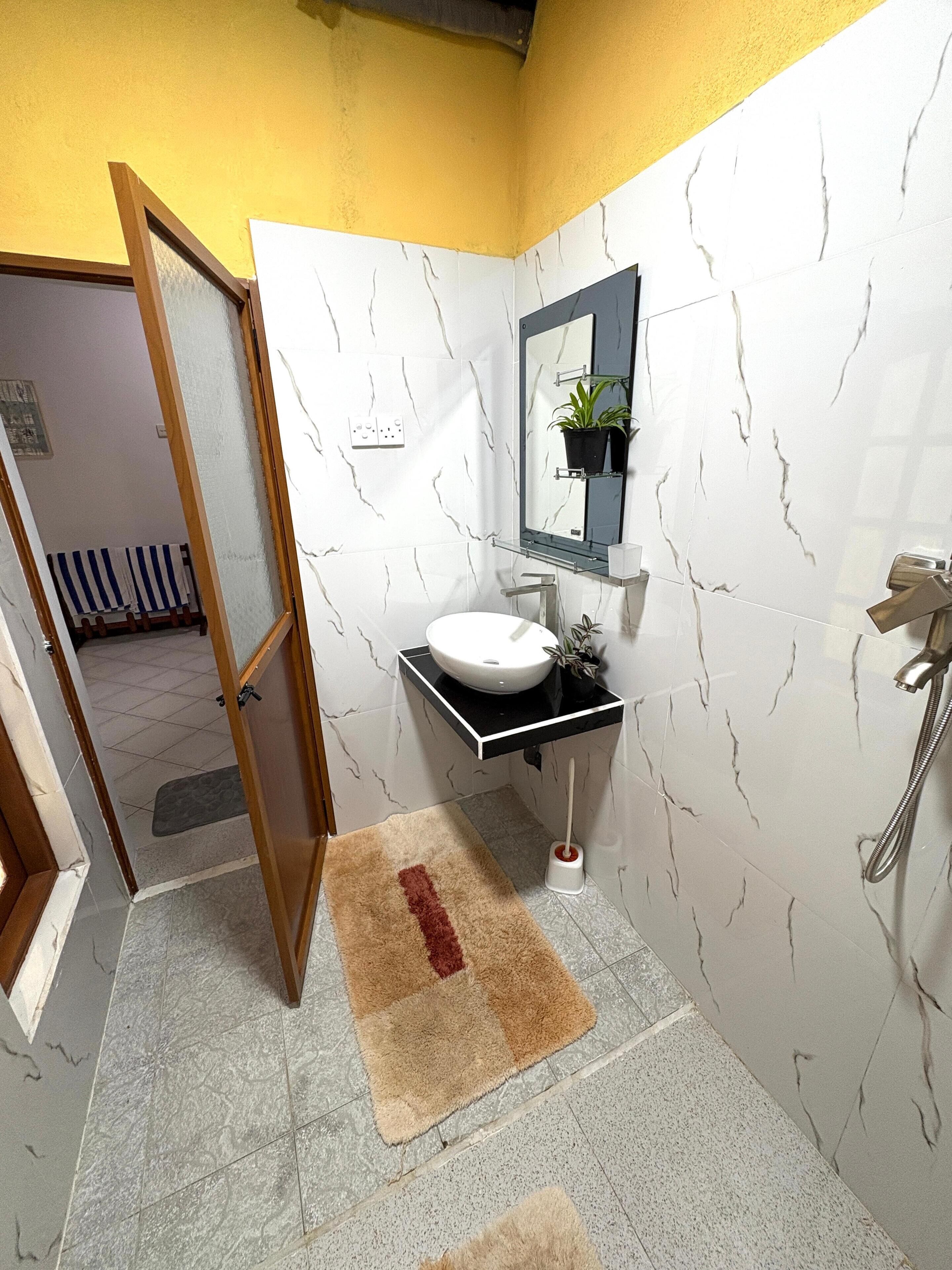 Une salle de bain avec un lavabo blanc, un miroir et une douche.