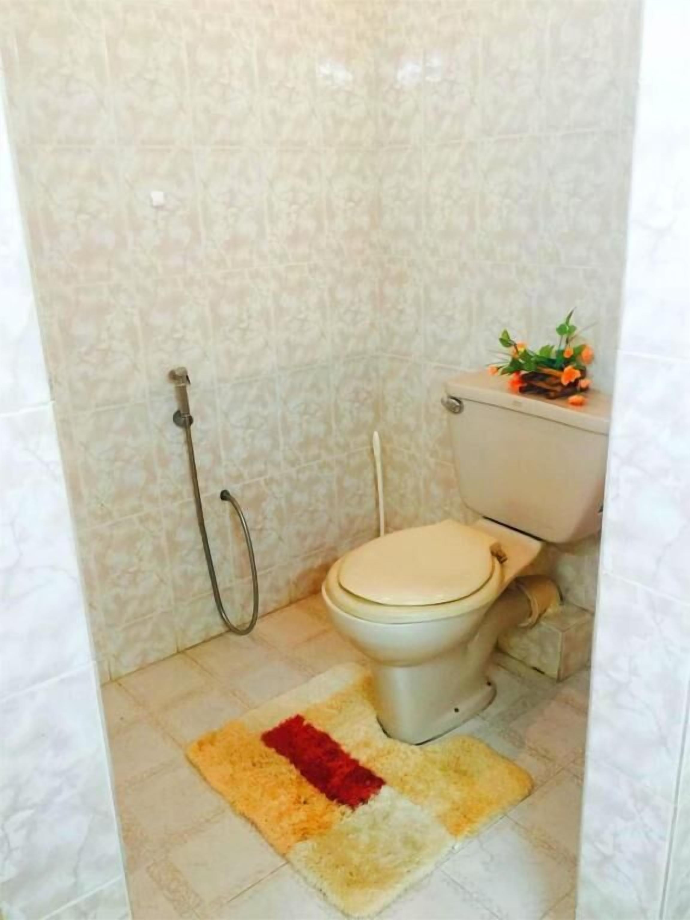 Une salle de bain avec des toilettes, une douche et une petite plante accrochée au mur.