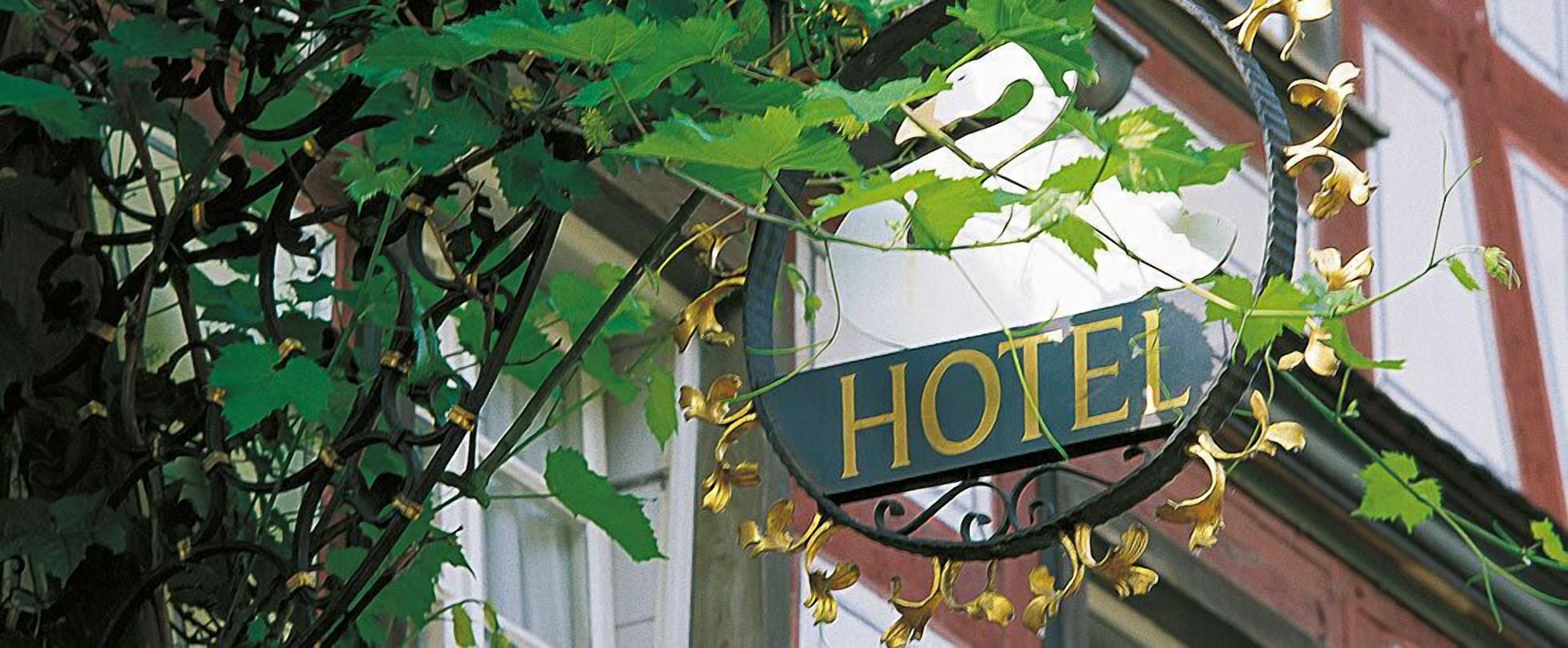 Ein Hotelschild mit der Aufschrift 'HOTEL' in goldenen Buchstaben vor dunklem Hintergrund, umgeben von Grünpflanzen.
