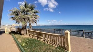 Un paseo marítimo con una palmera, una valla y vistas al mar y edificios al fondo.