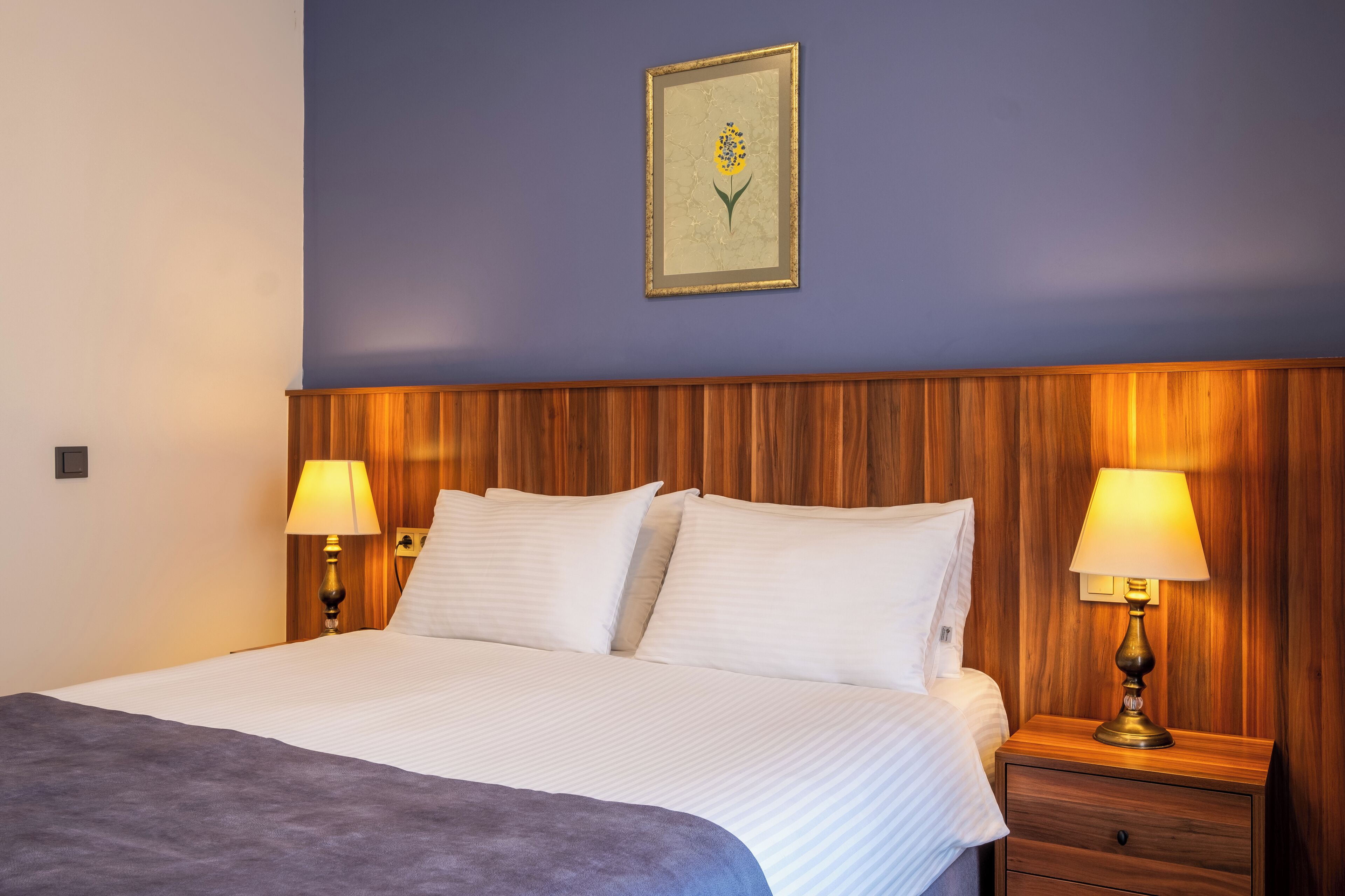 A neatly made bed with white linens, two bedside lamps, a wooden headboard, and a framed picture on the wall.
