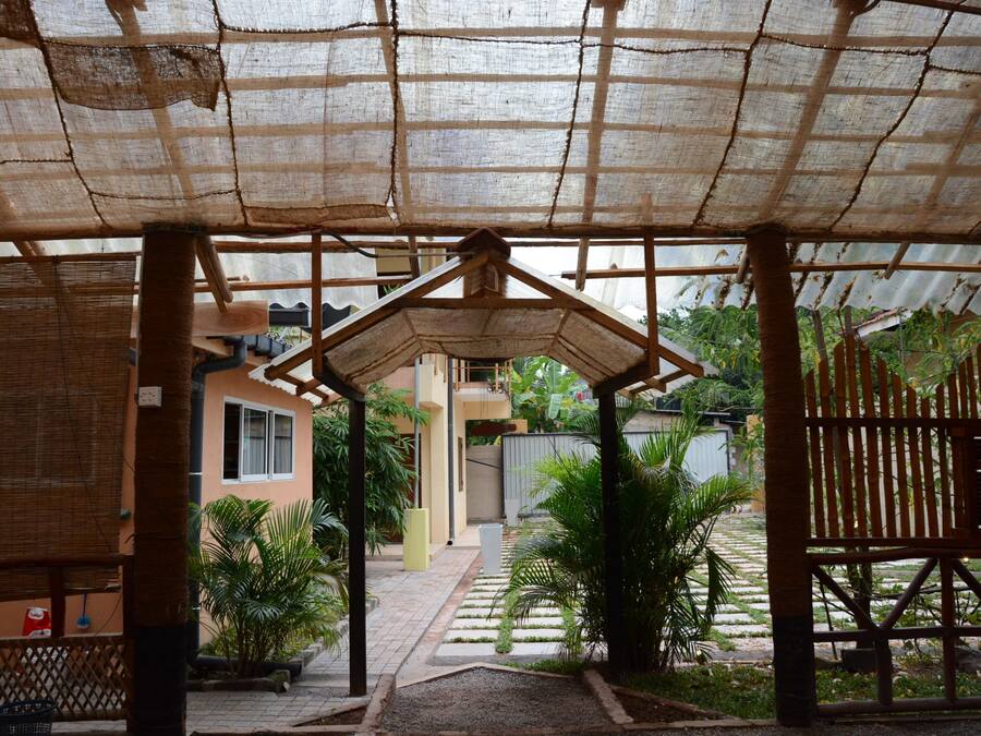 A covered outdoor area with a wooden structure, potted plants, and a pathway leading to a building.