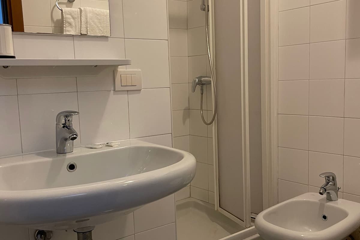 basic quadruple room | bathroom | shower, hair dryer, towels