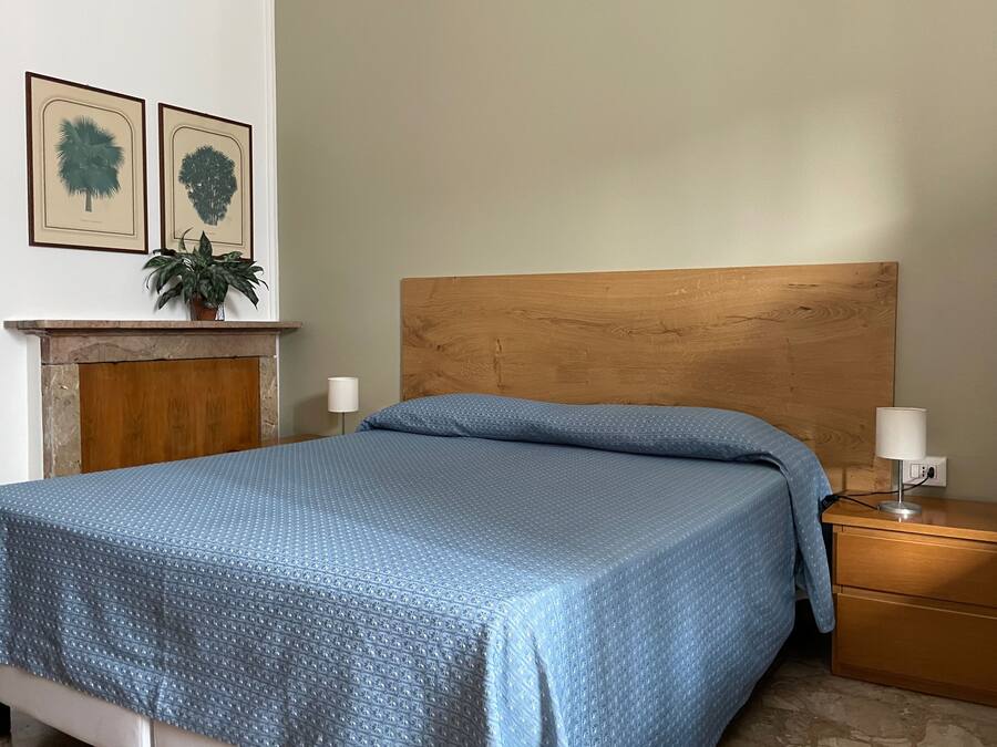 A neatly made bed with a blue patterned bedspread, a wooden headboard, and a nightstand with a lamp. There are two framed botanical prints on the wall above the bed.