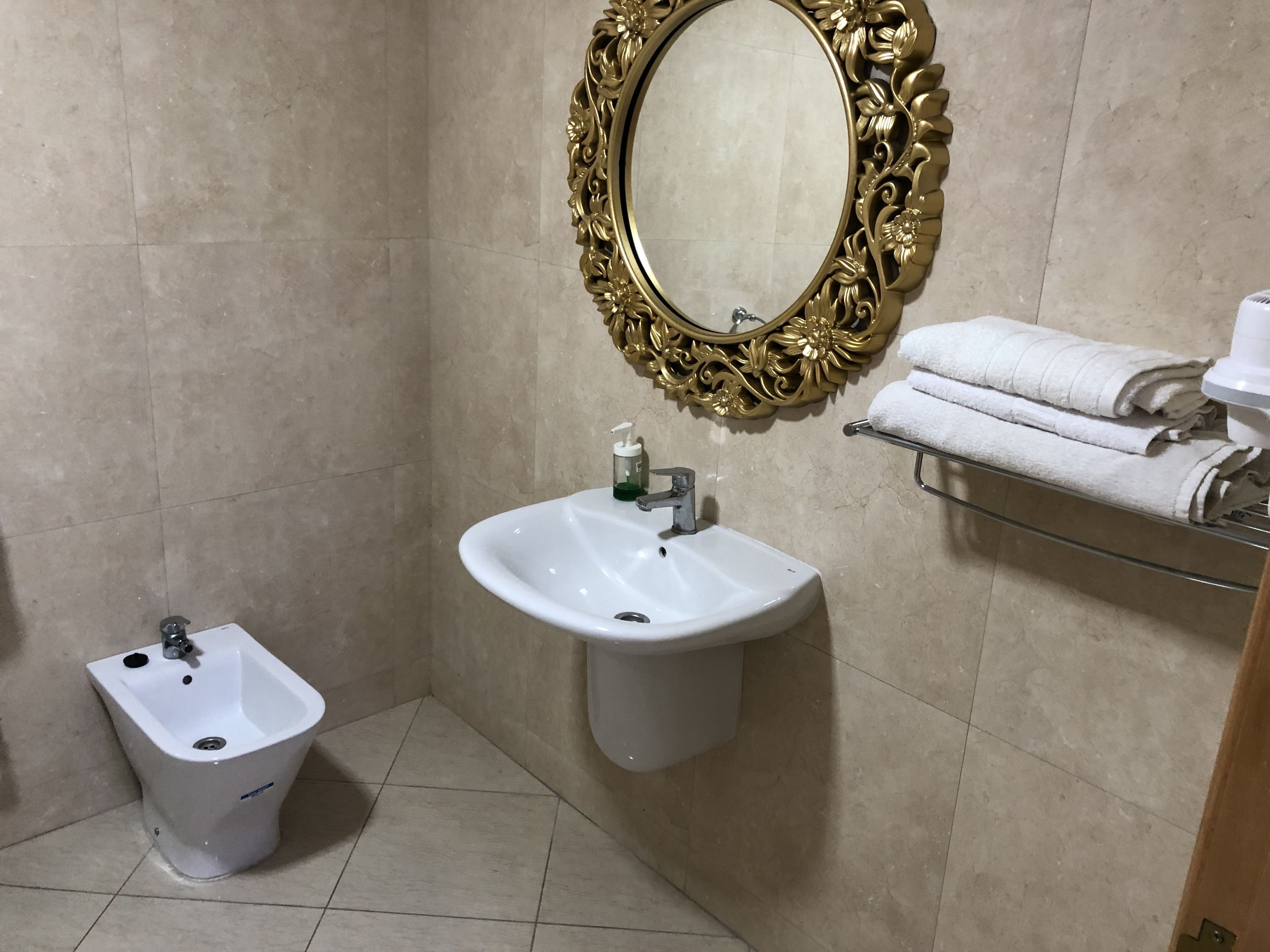 Un baño con un bidé pedestal, un lavabo con grifo, un espejo con marco ornamentado y un perchero con toallas dobladas.