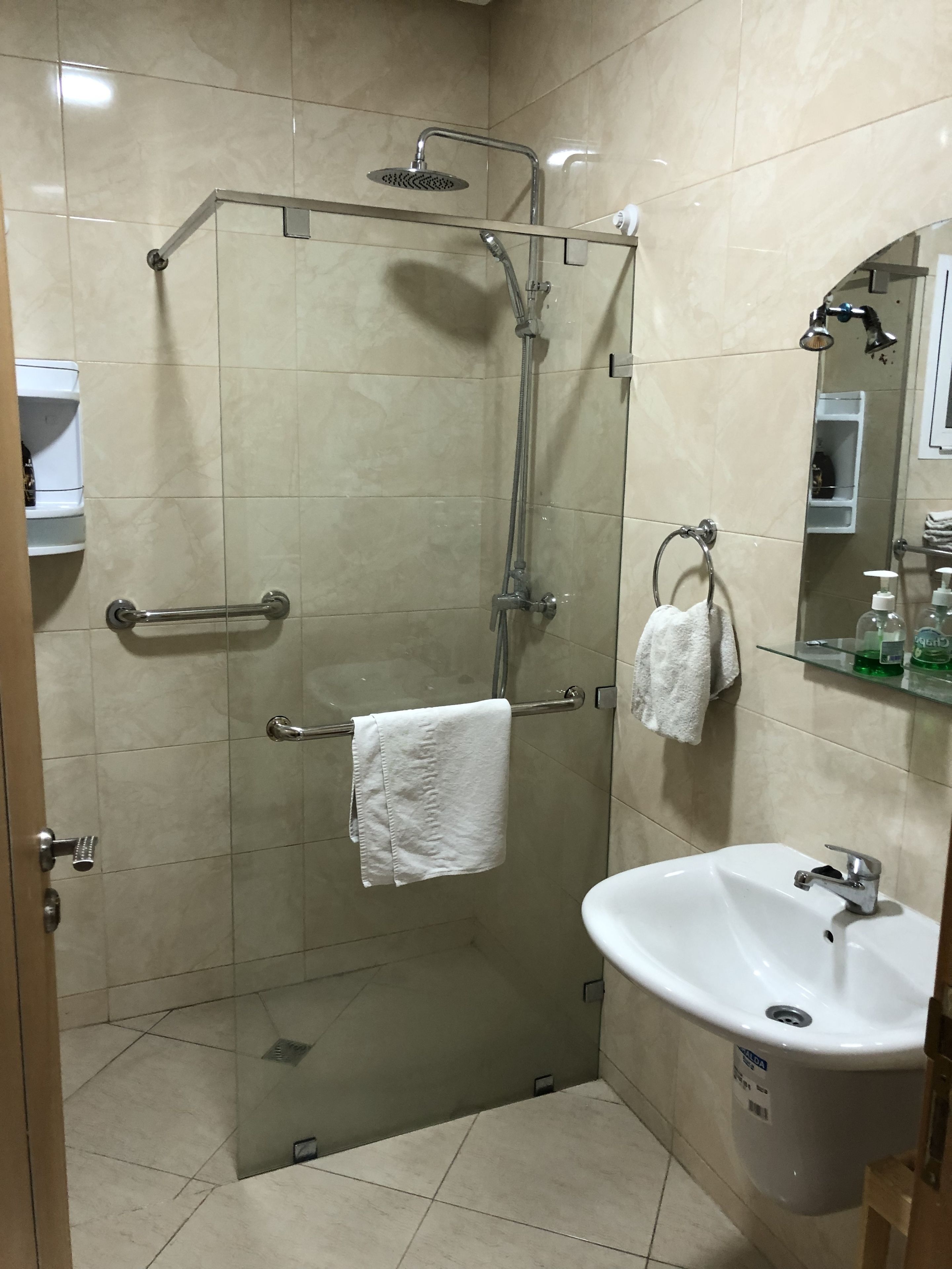 A modern bathroom with a glass-enclosed shower, a white sink, and a mirror above the sink.