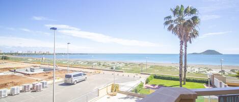 A view of a coastal area with a parking lot, a palm tree, and a distant island.