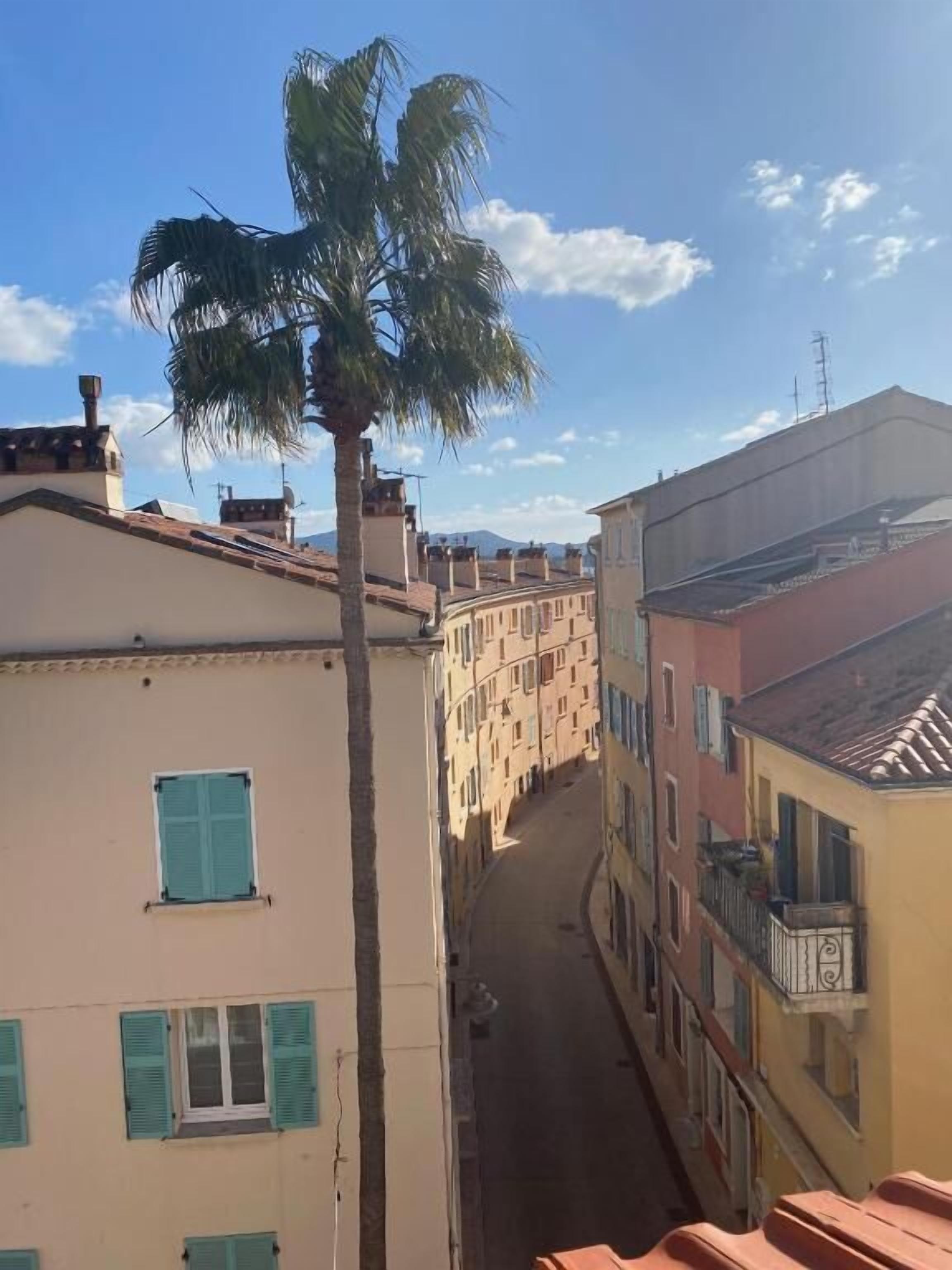 Uma rua estreita com edifícios em ambos os lados, uma palmeira ao primeiro plano e um céu azul claro.