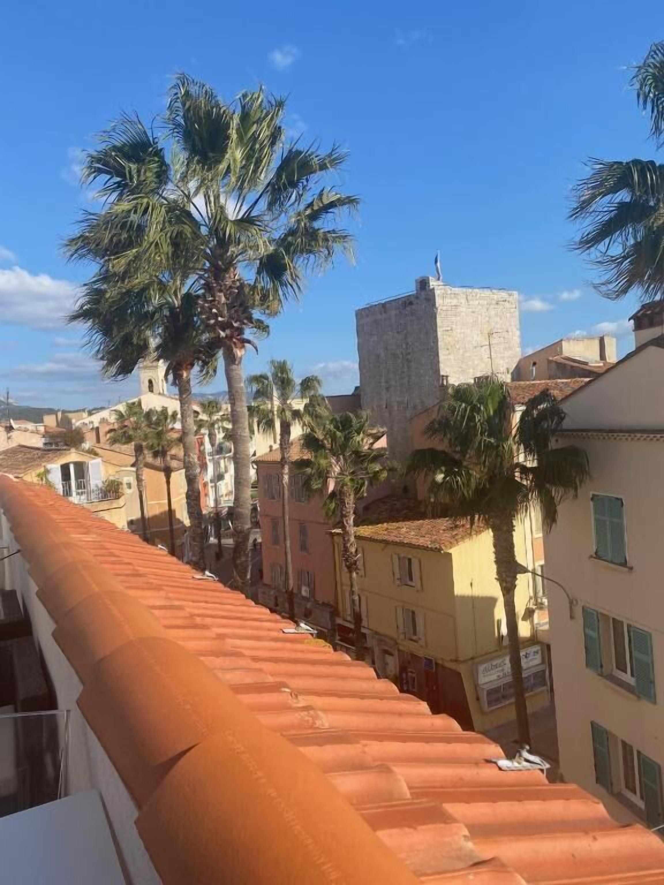 Una strada con tetti in tegole di terracotta, palme e edifici storici.