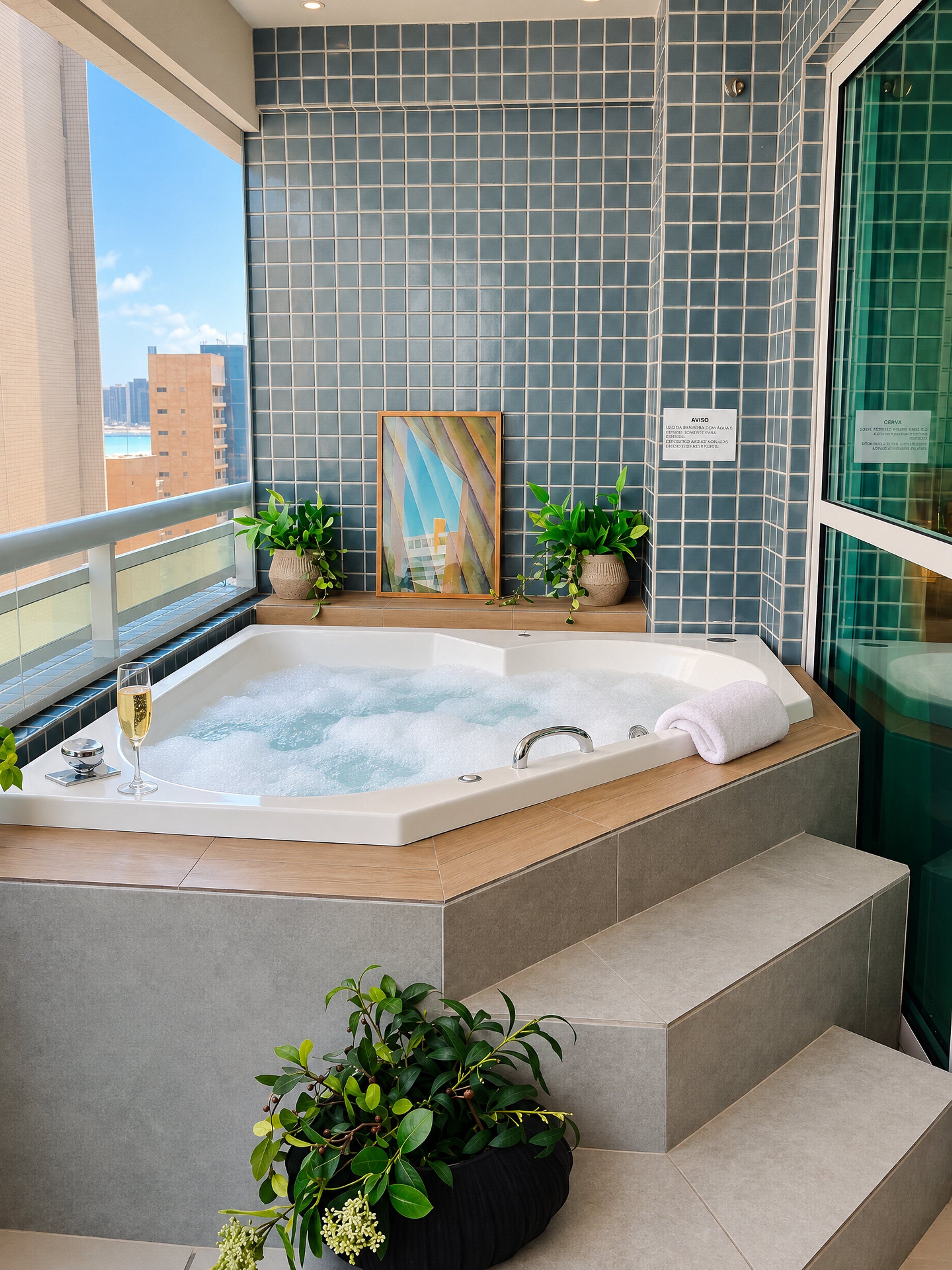 A modern bathroom with a large bathtub, a glass shower enclosure, and a view of the cityscape.