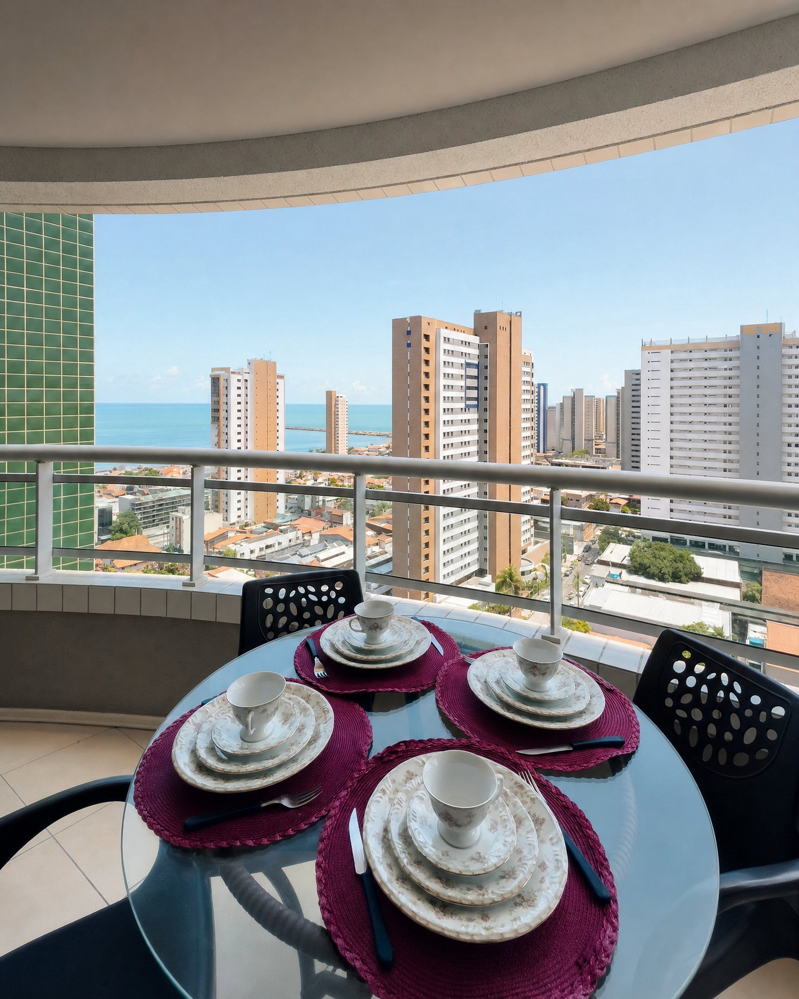 Varanda com mesa posta para quatro pessoas, vista para um horizonte urbano com arranha-céus e mar.