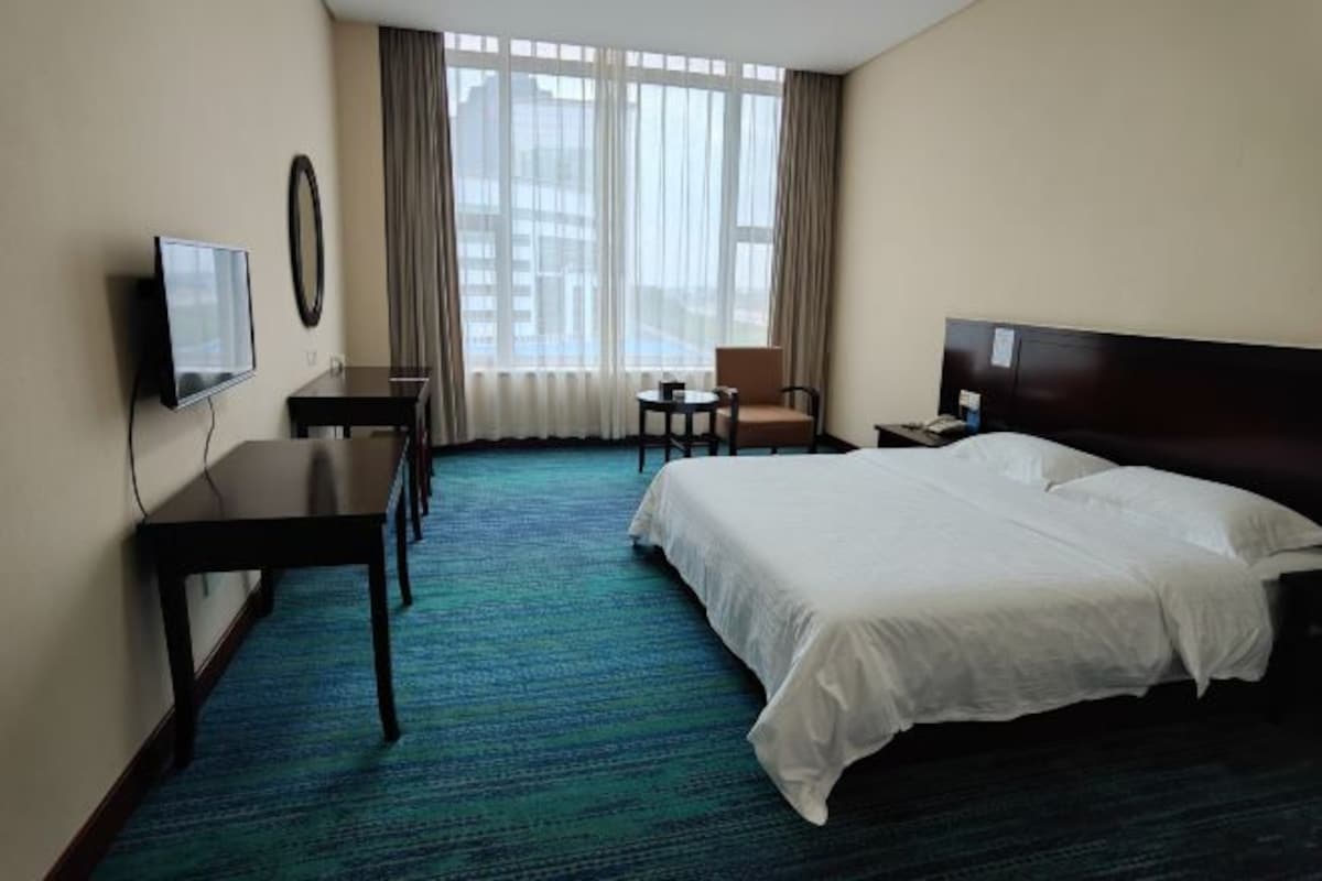 Quarto de hotel com uma cama grande, uma escrivaninha, uma cadeira, uma televisão e vista para edifícios pela janela.