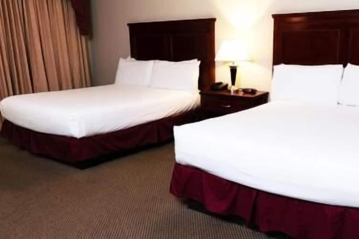 Two single beds with wooden headboards and white linens, a bedside table with a lamp, and a carpeted floor.