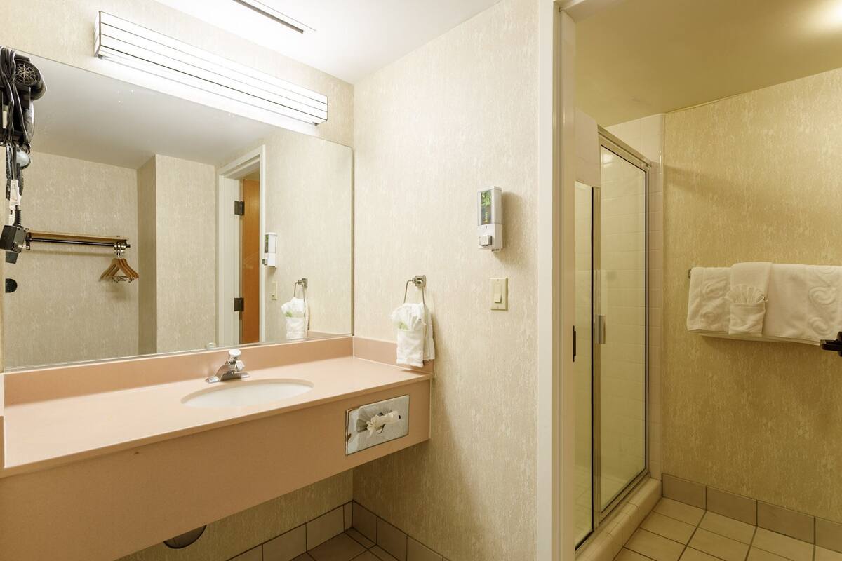 A bathroom with a sink, mirror, towel rack, and a shower area.