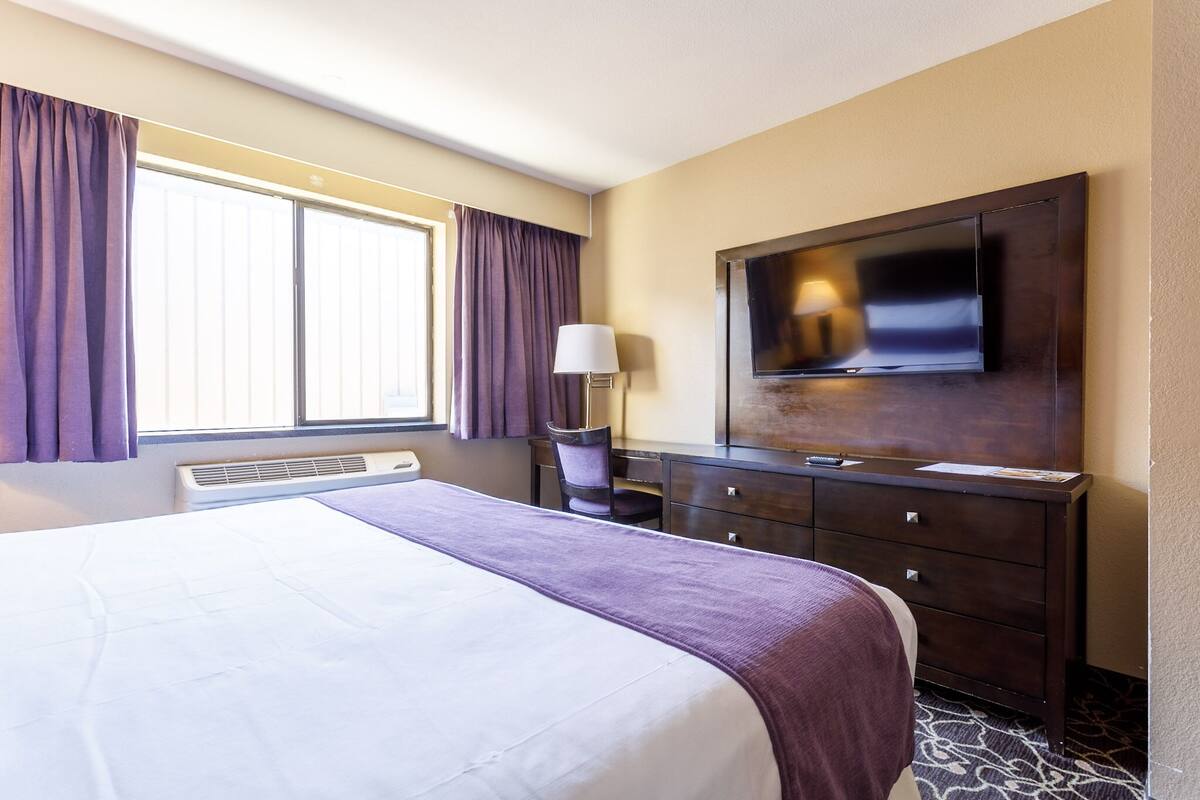 Una habitación de hotel con una cama grande, un televisor de pantalla plana en la pared, un escritorio con una silla y una ventana con cortinas.
