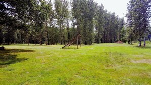 A grassy field with a wooden staircase leading up to a platform among tall trees. - Auberge de villechaume (Sennely)