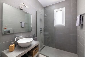 Shower, hair dryer, towels, toilet paper