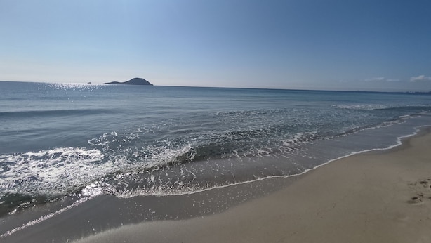 Een strand met een heldere lucht en een rustige zee.
