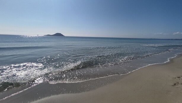 Une plage avec un ciel dégagé et une mer calme.