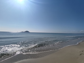 Una playa con cielo despejado y mar tranquilo.