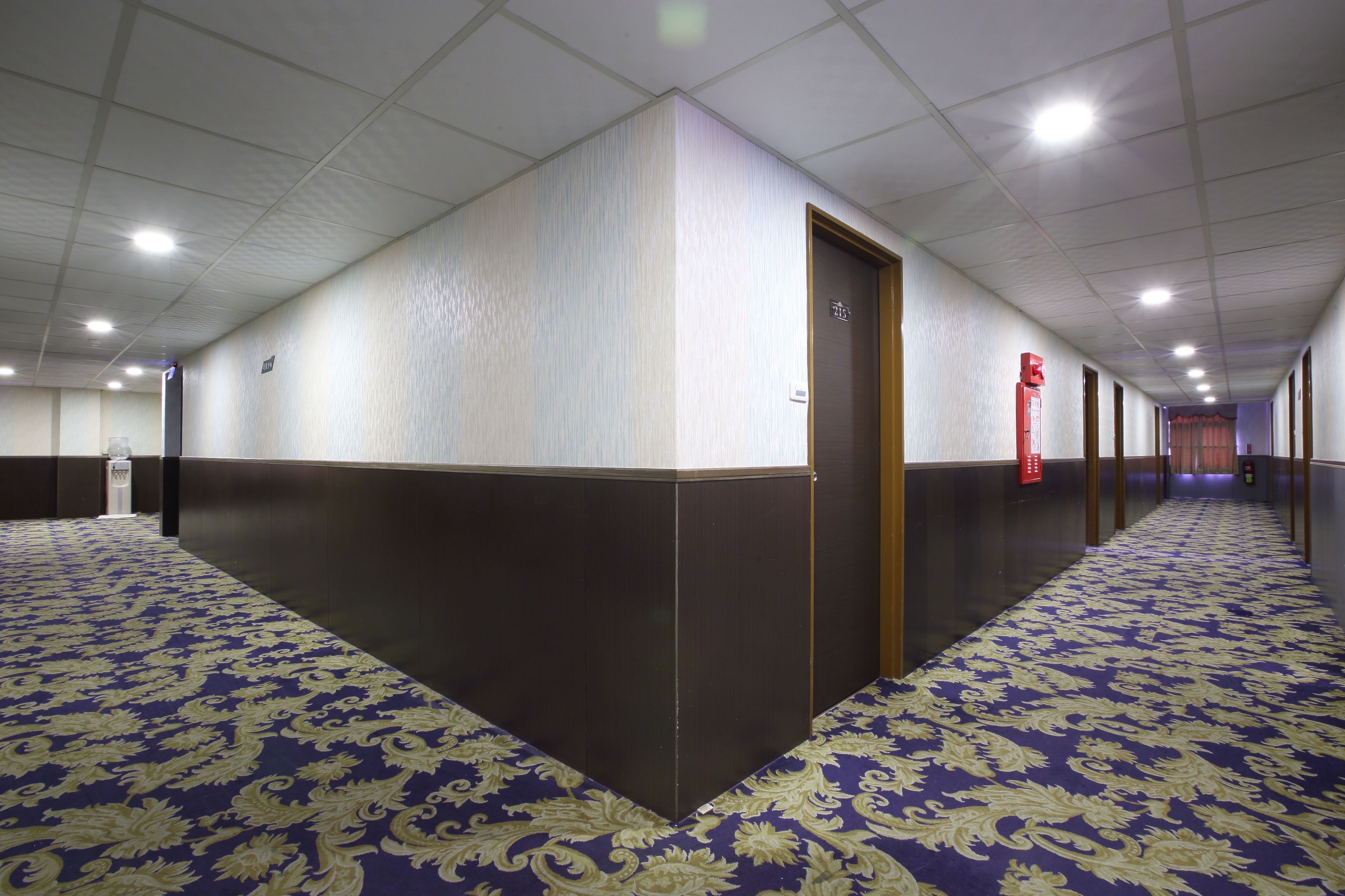 A hotel corridor with patterned carpet, a wooden door, and a red emergency exit sign.
