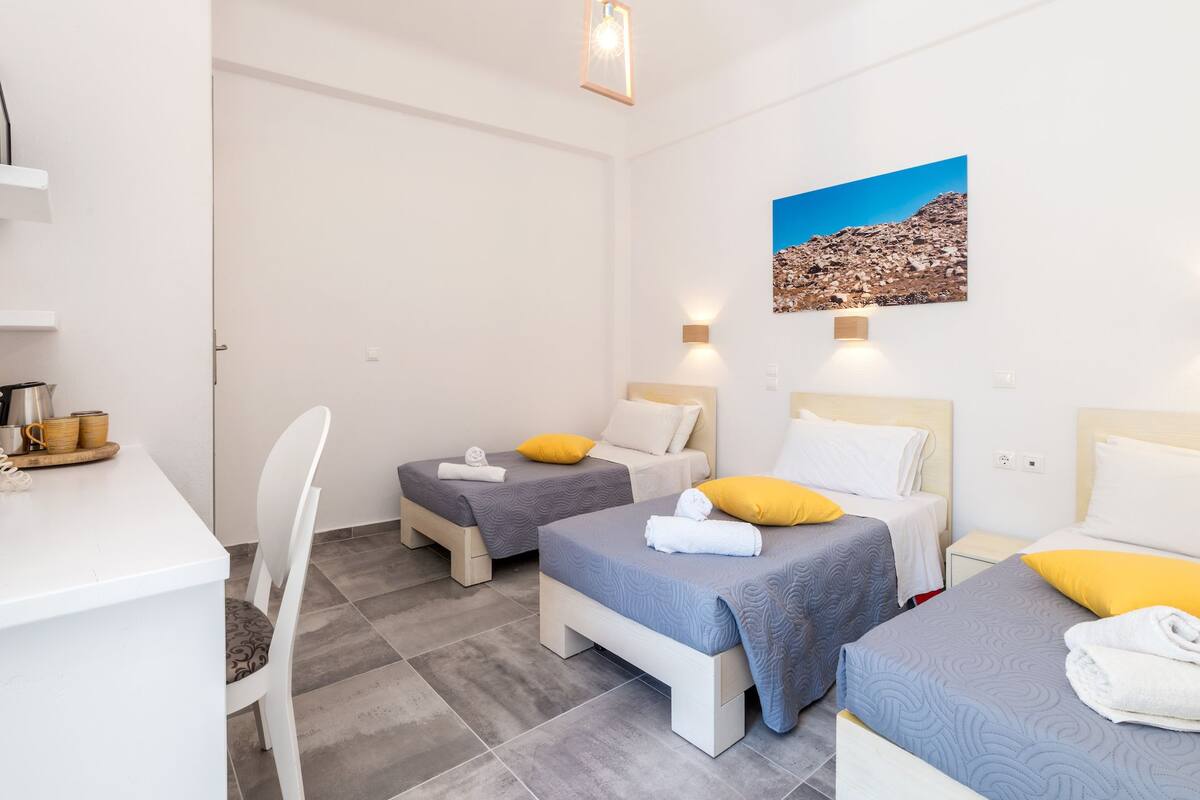 A hotel room with two single beds, a desk, and a chair.