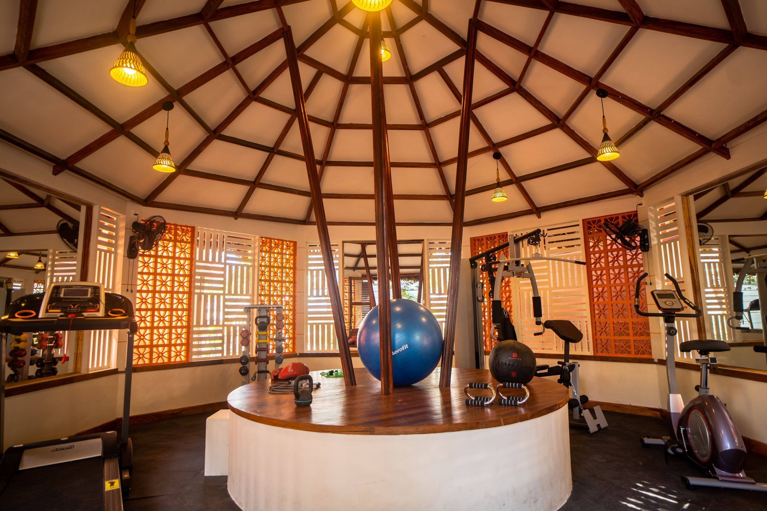 A gym with exercise equipment, a large blue exercise ball, and a wooden ceiling structure.