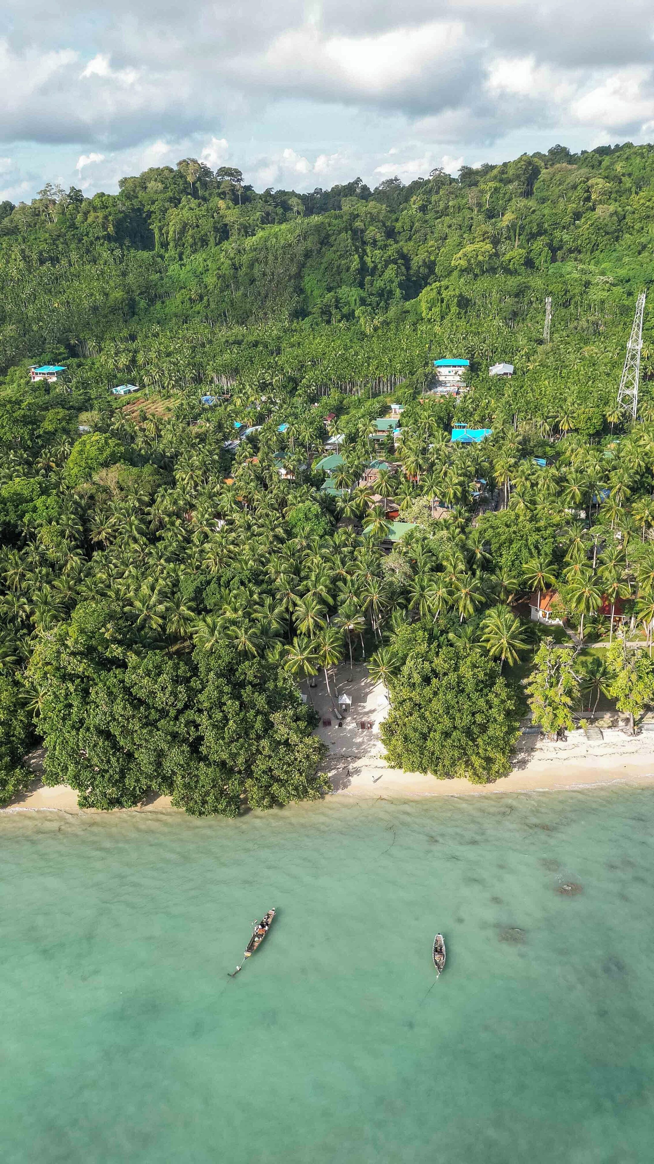 An aerial view of a coastal area with dense palm trees, a beach, and several buildings with blue roofs.