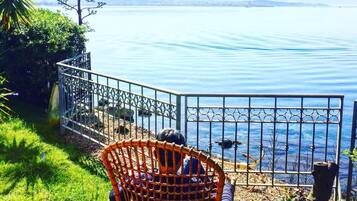 A chair overlooking a body of water with a metal railing and a tree in the background.