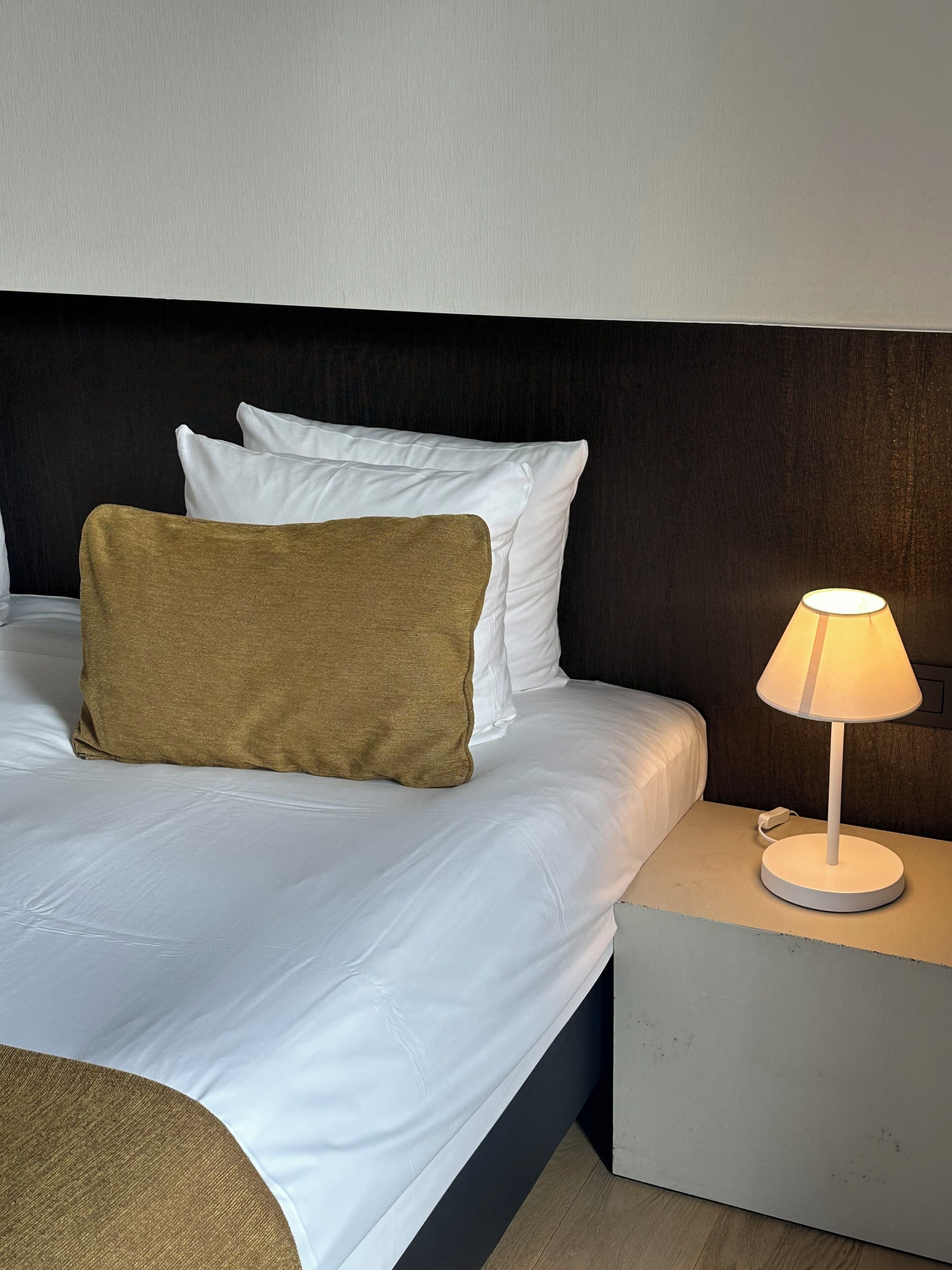 A neatly made bed with white bedding and a single brown pillow, a bedside table with a lamp, and a dark headboard.
